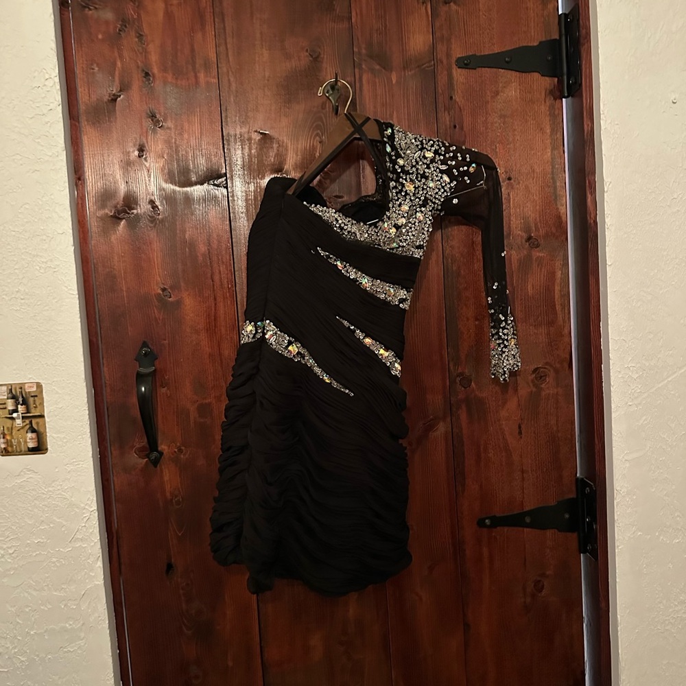 Black and Silver Embellished Asymmetrical Cocktail Dress